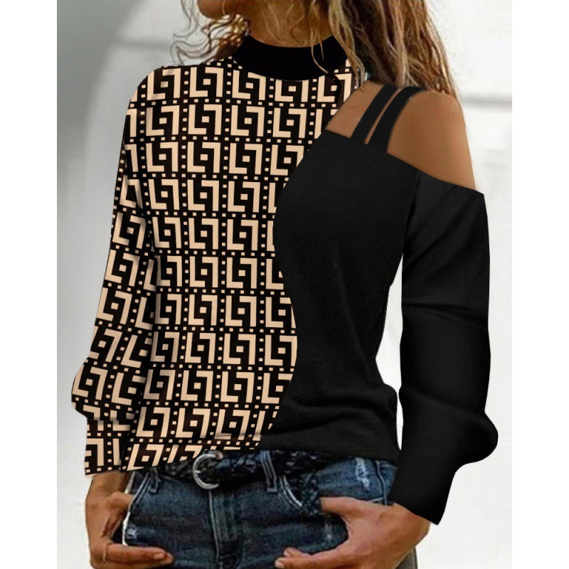 Autumn And Winter Simplicity Off-the-shoulder Colored Geometric Blocks Pattern Long Sleeve Top For Women