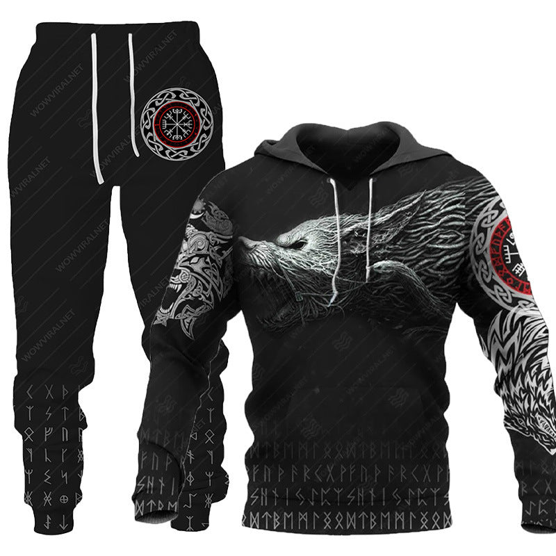 3D Wolf Print Tracksuit Men Sportswear Hooded Sweatsuit Two Piece Outdoors Running Fitness Mens Clothing Jogging Set