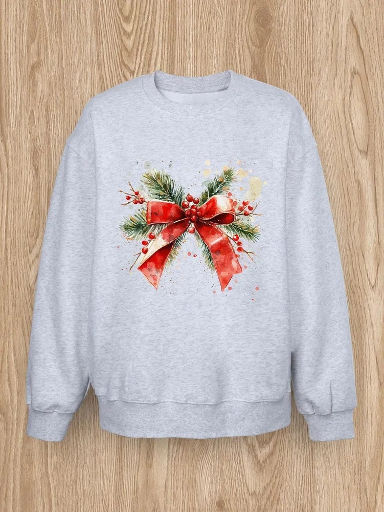 Women Basic Casual Pullover Spring Autumn Long Sleeve Christmas Ribbon Printed Round Neck