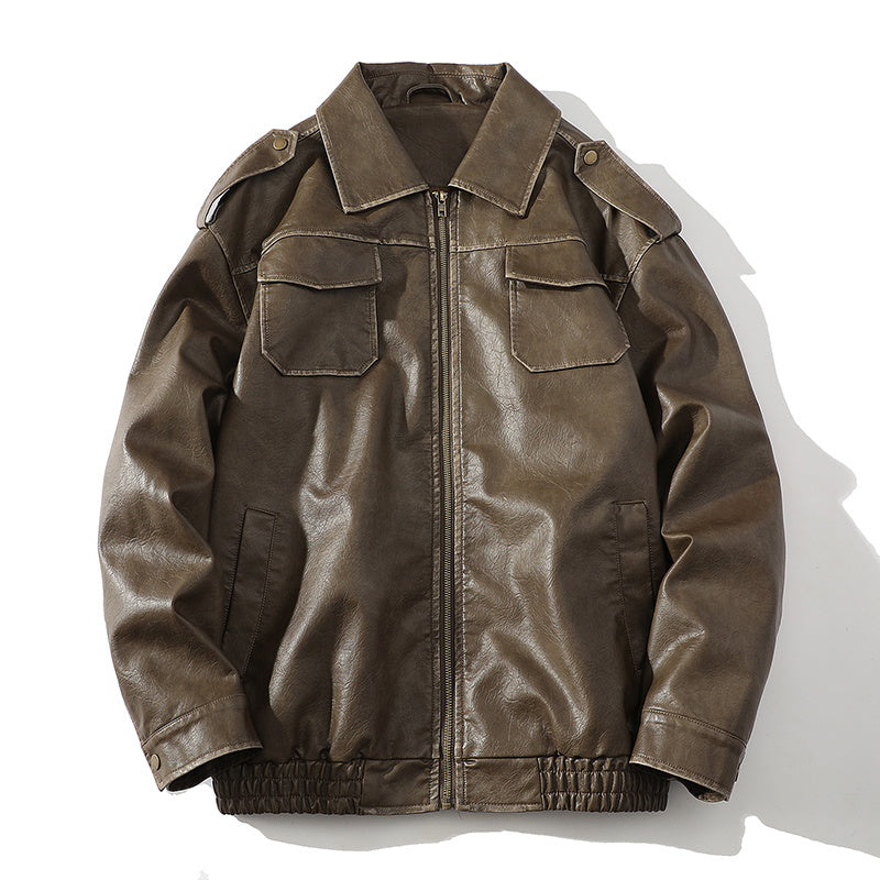 Plus Size Washed-out Vintage Leather Jacket For Men