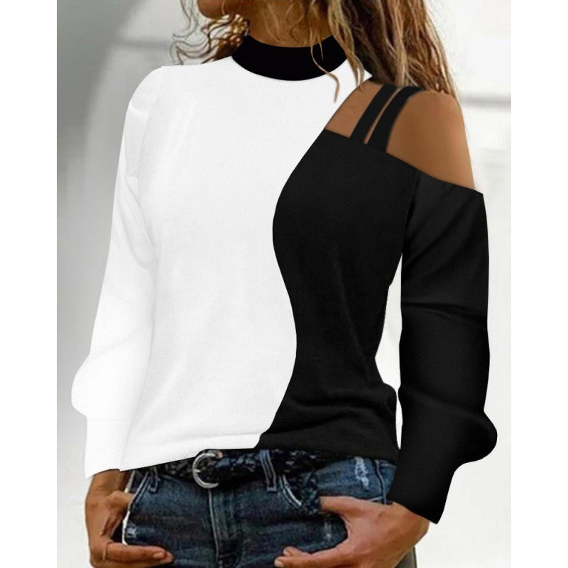 Autumn And Winter Simplicity Off-the-shoulder Colored Geometric Blocks Pattern Long Sleeve Top For Women