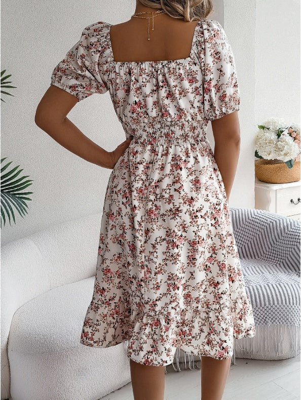 Spring Summer Casual Vacation Puff Sleeve Drawstring Short Sleeve Floral Dress